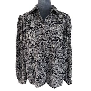 Bedford Fair Vintage Black White Floral Long Sleeve Collared Button Up Blouse 12